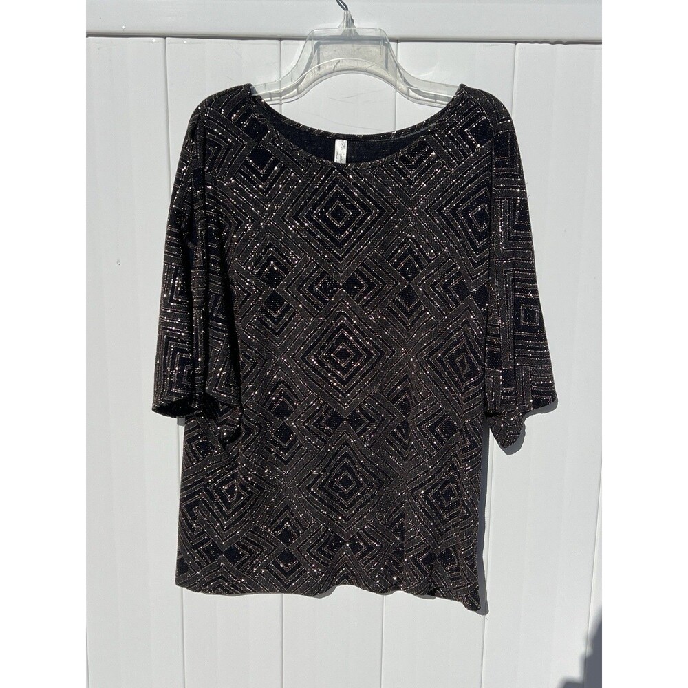 Per Seption Concept Women's Blouse Black Metallic Nylon Short Sleeve Size XL